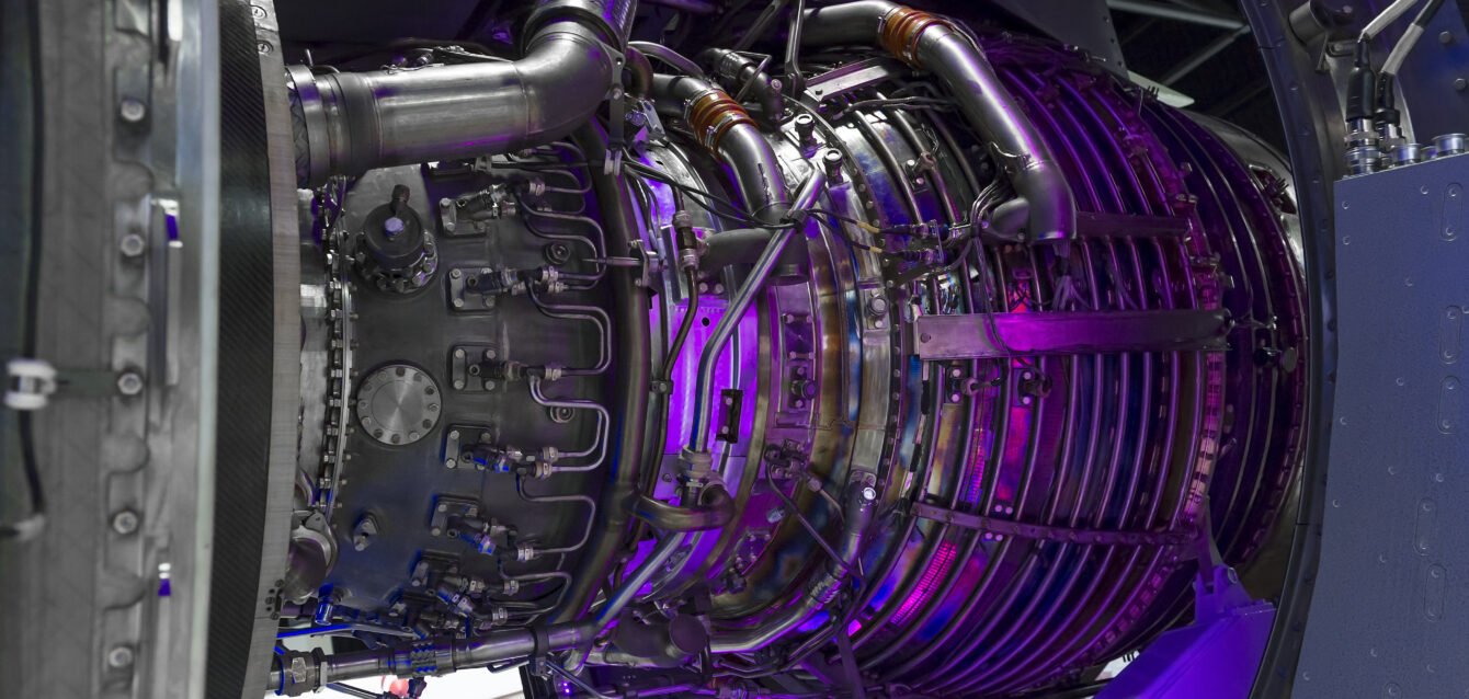 Jet engine, internal structure with hydraulic, fuel pipes and other hardware and equipment, aviation, aircraft and aerospace industry