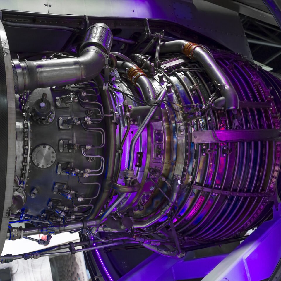 Jet engine, internal structure with hydraulic, fuel pipes and other hardware and equipment, aviation, aircraft and aerospace industry Jet engine, internal structure with hydraulic, fuel pipes and other hardware and equipment, aviation, aircraft and aerospace industry