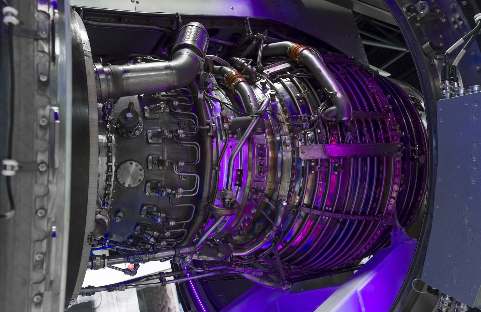 Jet engine, internal structure with hydraulic, fuel pipes and other hardware and equipment, aviation, aircraft and aerospace industry